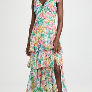 Wayf Floral Tiered Midi Dress in Pink, Yellow, Green